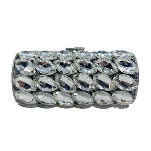 Luxury silver cylinder evening clutch bag with sparkling marquise crystals and metal clasp