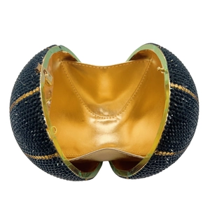 Luxurious round evening clutch with black crystals and golden interior lining