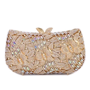 Pochette de soirée dorée avec motif papillon et strass pavés pour femmes