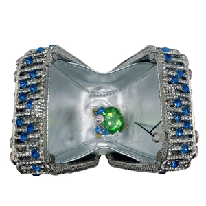Silver crystal clutch bag with colorful rhinestones and open interior for evening parties