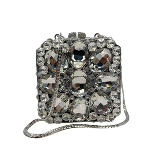 Luxury silver square clutch bag with shimmering crystals and elegant snake chain