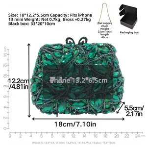 Macro shot of green crystal clutch bag showing detailed dimensions and chain strap specifications