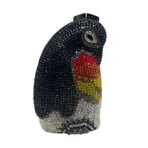 Detailed view of the penguin-shaped crystal evening clutch bag with colorful rhinestones