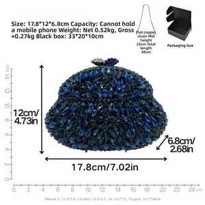 Detail view of navy blue rhinestone clutch bag size dimensions and chain strap length