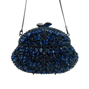 Luxurious dark blue crystal clutch bag with hollow diamond pattern and silver chain strap