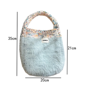 Detailed size specifications of light blue plush knitted handbag with colorful handles