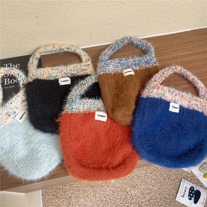Women Fluffy Plush Knit Handbag Kawaii Japanese Style Patchwork Soft Faux Fur Tote Bag Casual Autumn Winter Fashion Accessory