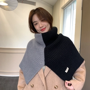 Two-tone knit high collar neck warmer with split shawl design for winter warmth
