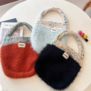 Cute fuzzy knit handbag set in red blue and black with soft plush texture for women