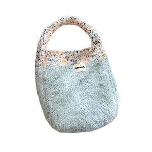 Cute Japanese knit plush tote bag in blue with mixed colors for women's winter fashion