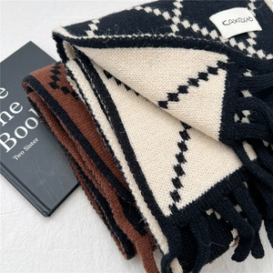 Winter checkered knit scarf with geometric color block design and black tassels