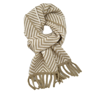 Chic chevron knit winter scarf with fringes in khaki and cream white tones