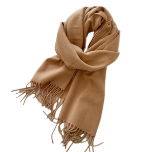 Elegant camel wool blend scarf with classic fringe tassels for autumn and winter season
