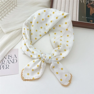 Breathable cotton linen scarf with bright yellow polka dots and lace trim edge