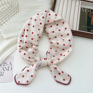 Beige cotton linen square scarf with red polka dots and crochet wavy lace trim