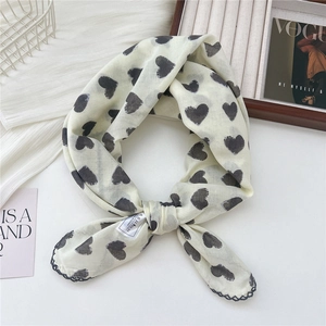 Elegant cream cotton linen scarf with grey heart patterns and delicate black lace edges
