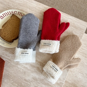 Fleece lined knit mittens for women in gray, red and khaki with plush cuffs