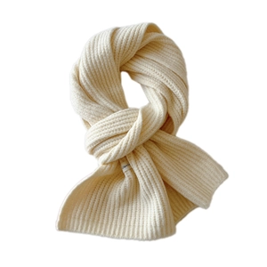 Knitted winter scarf in creamy white with soft vertical ribbed texture and a brand label