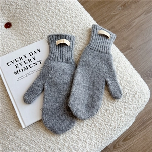 Detailed close-up of grey wool mittens with 100% wool label on textured surface