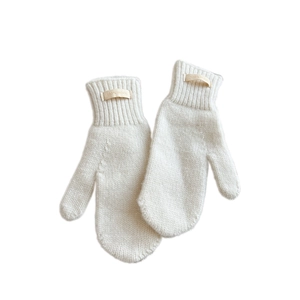 White knitted 100% wool mittens for women with ribbed cuffs and leather label detail
