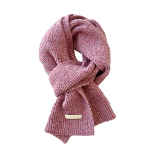 Pink heather knit scarf with ribbed texture and decorative label for winter warmth