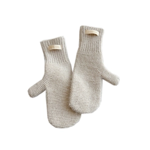 Thick beige knitted mittens for women featuring ribbed cuffs and branded fabric labels
