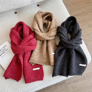 Thick knitted winter scarf set in red, khaki and grey with colorful dotted pattern