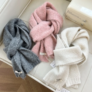 Knitted alpaca blend scarves in grey, pink and beige with long plush texture