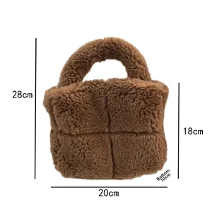 Detailed view of brown plush tote bag showing dimensions height 18cm and width 20cm
