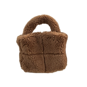 Brown faux shearling woven square handbag with fluffy texture and magnetic closure