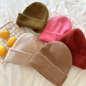 Solid Color 100% Wool Knitted Beanie Ribbed Cuffed Winter Warm Soft Simple Hat For Women