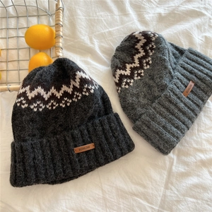 Thick knit beanies in black and grey with jacquard patterns and leather patch