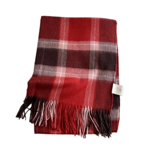 Classic red plaid 100% wool scarf with fringe tassels on white background