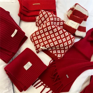 Festive Red Knit Scarf For Women Men Winter Thick Warm Wool Scarf Soft Solid Color Neck Warmer Long Scarf For Christmas Gift