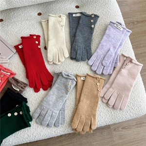 Women Winter Warm Knitted Gloves Thick Polyester Solid Color Elegant Button Decoration Full Finger Mittens