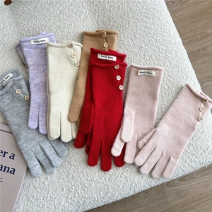 Knitted touchscreen gloves for women with wooden buttons and warm winter thermal material
