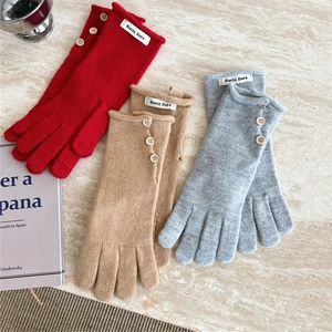 Winter knitted touchscreen gloves for women with buttons in red, khaki and grey