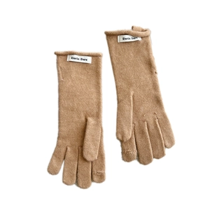 Warm camel knit gloves with touch screen design and Doria Dore label on white background