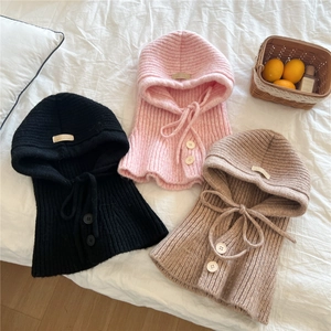 Knitted balaclava hood scarf with adjustable drawstring and double button closure