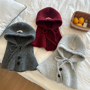 Three knitted hooded scarves in grey and burgundy with buttons and handmade labels