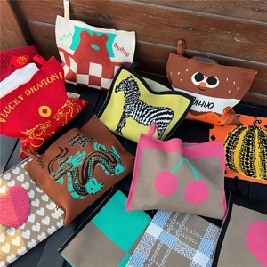 Knitted tissue holder bags with cartoon dragon and animal patterns for car and home