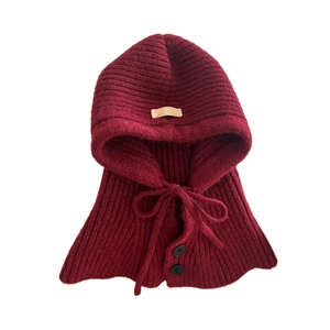 Burgundy ribbed knit balaclava hood with drawstring and button detail for winter