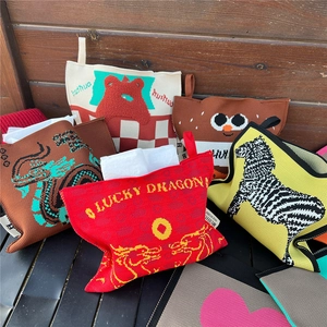 Knitted Tissue Box Cover Lucky Dragon Cartoon Animal Pattern Hanging Napkin Holder Case Car Desktop Tissue Storage Bag