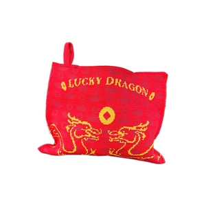 Red knitted tissue holder with Lucky Dragon embroidery and convenient carry handle