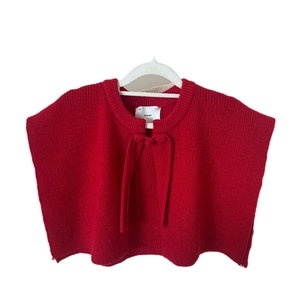 Solid red ribbed knit shawl wrap with tie-up bow design for women's winter warmth