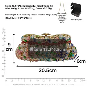 Detailed dimensions of mermaid crystal clutch bag featuring colorful hand-set rhinestones