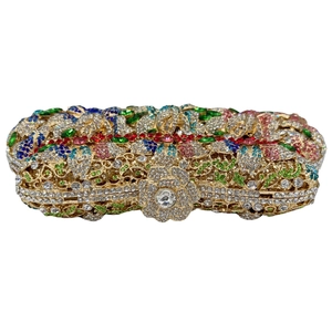 Golden mermaid metal hollow evening clutch with multicolor crystals and floral stone patterns