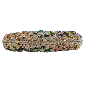 Luxury mermaid style stone clutch bag with colorful crystals and gold metal frame