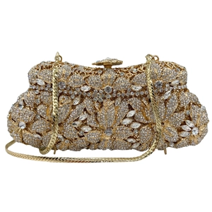 Luxury gold mermaid stone clutch with crystal floral carving and metal chain strap