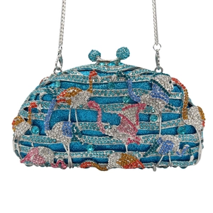 Exquisite hard shell evening clutch bag with blue crystal flamingos and silver chain